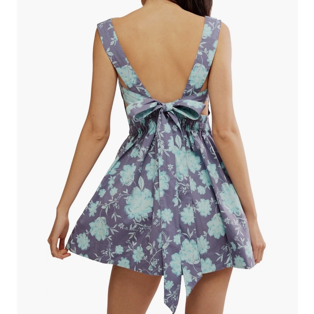 Free People Meet Me‎ In Maui Floral Mini Dress Blue Tie Back Pockets NWT Large